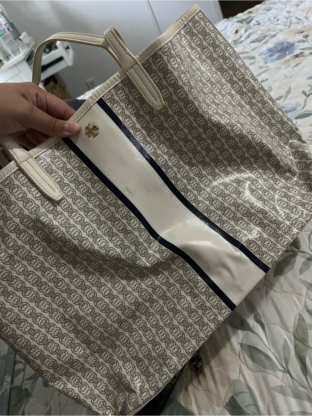 Tory Burch Cream Tote with Navy Stripe and Logo